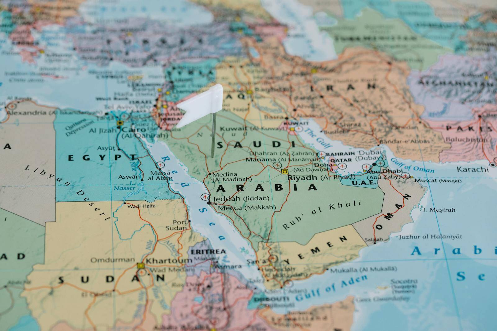 Detailed close-up image of a map focusing on Middle East and North Africa.