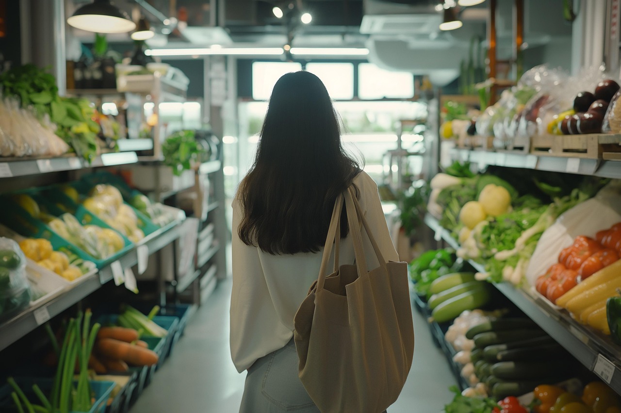 ai generated, supermarket, grocery, store, shopping, reusable bag, consumer, woman, supermarket, consumer, consumer, consumer, consumer, consumer