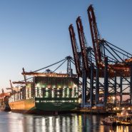 A large container ship at the Hamburg port with cranes during twilight, showcasing global trade.