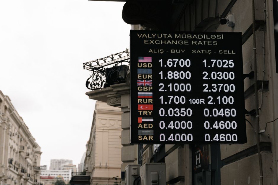 Currency exchange rates sign on a street in Baku, Azerbaijan.