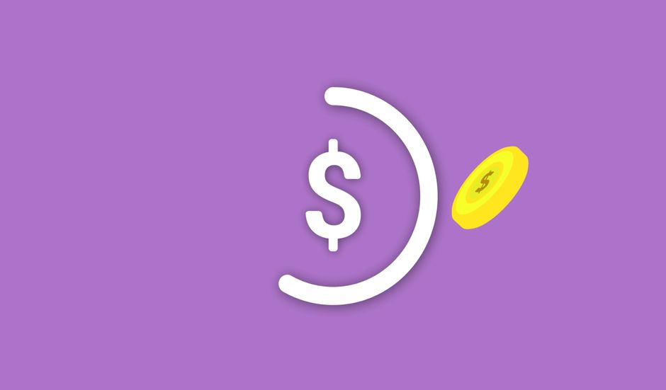 Decorative cardboard illustration of dollar and loading wheel symbols during financial transaction on violet background