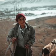 man in gray jacket and red knit cap standing beside brown horse during daytime